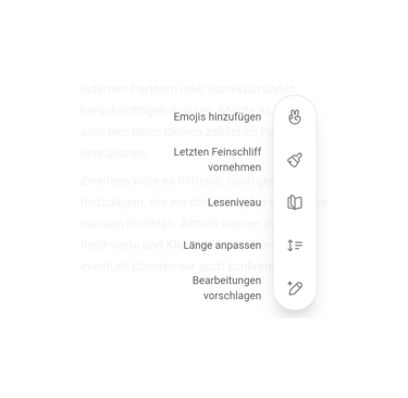 Detailansicht der Canvas-Shortcuts: Buttons für Emojis, Feinschliff, Leseniveau und Textlänge.