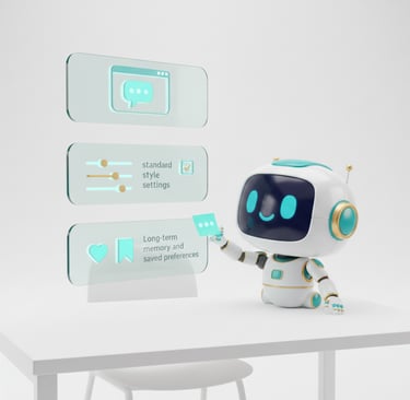 Machine2Mind Roboter zeigt auf schwebende Einstellungen für das Langzeitgedächtnis von ChatGPT