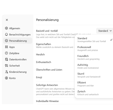 In der ChatGPT Personalisierung ist das Menü für Basisstil und Tonfall geöffnet