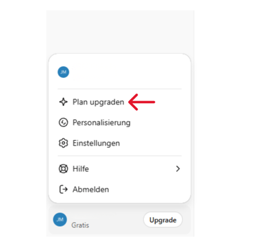 Screenshot des ChatGPT Menüs: Ein roter Pfeil zeigt auf die Option Plan upgraden