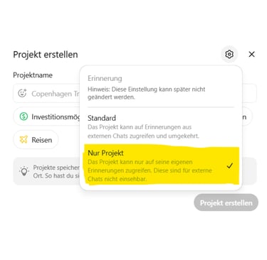 Im Fenster „Projekt erstellen“ in ChatGPT ist die Erinnerungseinstellung „Nur Projekt“ markiert