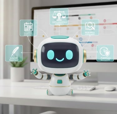 Ein kleiner freundlicher Roboter am Schreibtisch zeigt verschiedene KI-Assistenten für Meetings und 