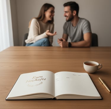 Ein Paar sitzt entspannt an einem Tisch und bespricht gemeinsam mit Hochzeitsplaner die Hochzeit