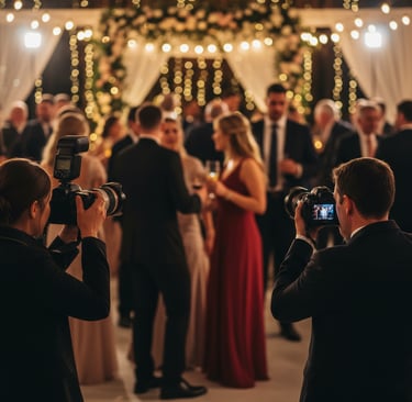 Hochzeitsfotograf bei der Arbeit während der Party mit Gästen im Hintergrund