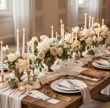 Elegante Hochzeitstafel mit Blumenarrangements, Kerzen und hochwertig dekorierten Gedecken
