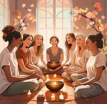 cercle de parole entre femmes assises au sol , bougies et bols tibetains