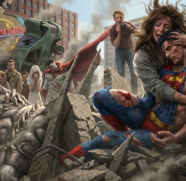 Superman caído aos braços de Lois Lane após a batalha com Apocalypse