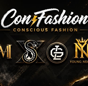 ConFashion logo display featuring conscious fashion brand emblems in gold on a black stone background.