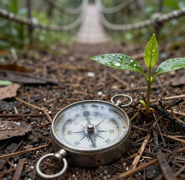 A vintage compass and a green seedling on a forest floor leading to a suspension bridge.