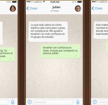 Three mobile screenshots showing positive customer testimonials for a spiritual ebook on WhatsApp.