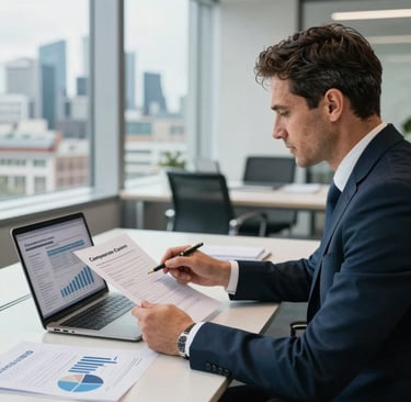 A male professional in a business suit analyzing financial data reports and charts on a laptop in a modern office.