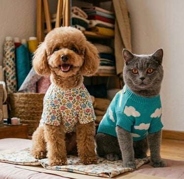 Un caniche toy marrón y un gato British Shorthair gris vistiendo elegante ropa para mascotas en un t