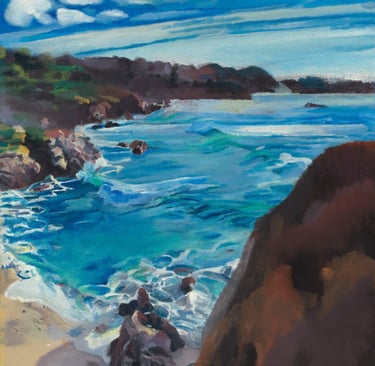 Impressionist oil painting of a rocky California coastline with crashing blue ocean waves.