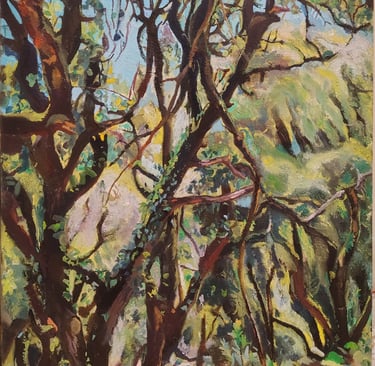 Impressionist oil painting of a sun-drenched forest with tangled tree branches and green foliage.