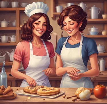 A cozy kitchen scene with a beginner baker joyfully mixing dough in a bowl, surrounded by flour bags and baking tools.