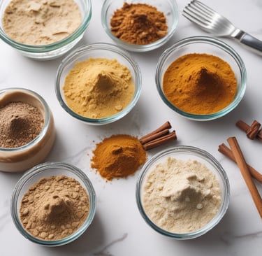 A colorful array of measuring spoons filled with various baking ingredients like sugar, cocoa, and spices.