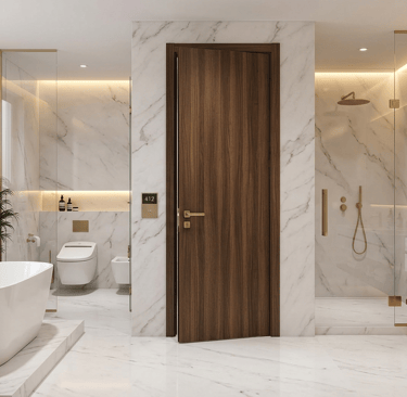 Luxury modern bathroom with white marble walls, a freestanding bathtub, gold fixtures, and a dark wood door.