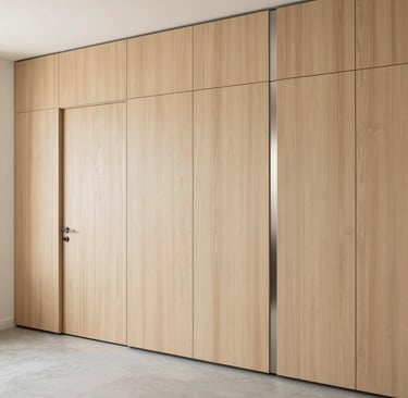 Modern floor-to-ceiling light oak wood paneling with seamless flush door and metallic vertical accents.