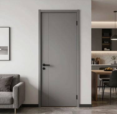 Modern minimalist grey pvc film coated interior door with black handle in a contemporary living room