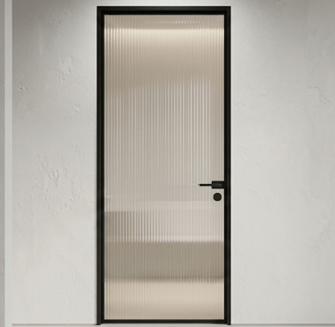 Modern black frame interior door featuring reeded fluted glass and a sleek matte black handle.