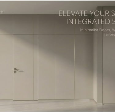 Modern minimalist integrated solution featuring seamless door, wall panel, and cabinetry for project