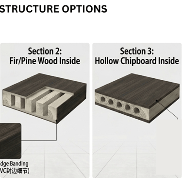 MDF PVC door structure options with MDF strips, wood, chipboard, and honeycomb cores。