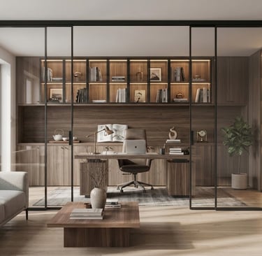 Modern Luxury Study System: Ultra-Slim Aluminum Glass Sliding Door & Integrated Cabinet Solution