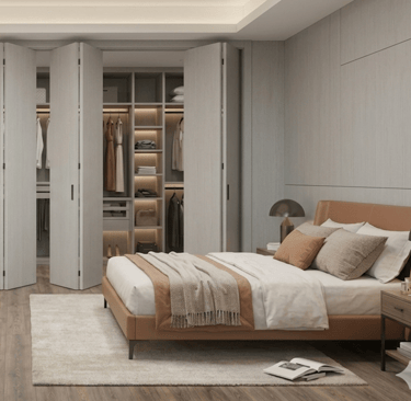 Modern master bedroom featuring a leather bed and built-in walk-in closet with folding doors.