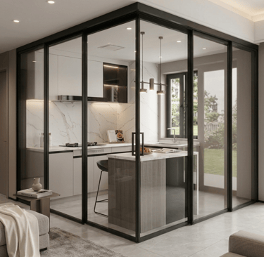 Corner Sliding Partition,Modern kitchen enclosed in glass sliding doors with black frames