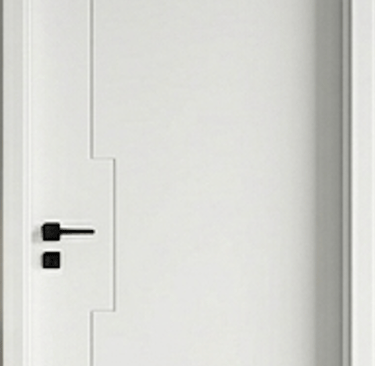 Modern minimalist white interior door with black handle and sleek geometric panel detailing.