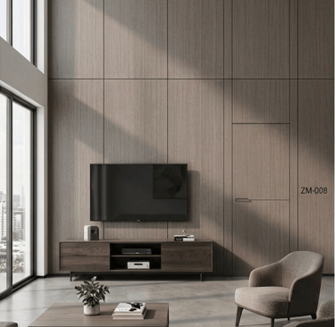 Modern minimalist living room featuring a vertical wood slat accent wall with a hidden door and wall-mounted TV.
