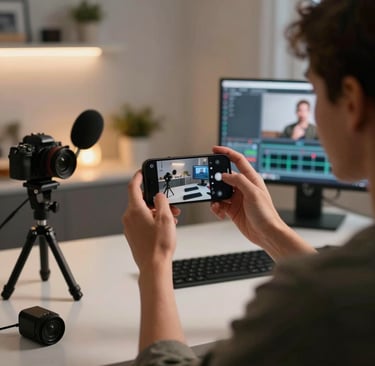 A joyful content creator sharing a finished video on social media from their mobile device.