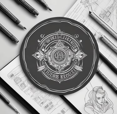 Close-up of a hand drawing a detailed logo sketch with pencil on textured paper