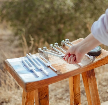 Close up of Sheila Doerlfer's hand choosing one of 6 tuning forks on a wood stool with Spanish country side 