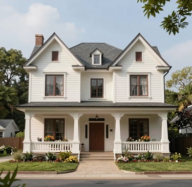 An inviting front porch with charming plants and a welcoming door.