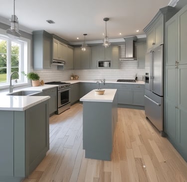 Modern kitchen with sage green cabinets, white quartz countertops, and a small central island.