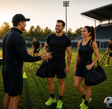 Entrenador dando la bienvenida a nuevos participantes en cancha de fútbol.