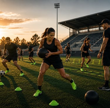 Un grupo de adultos en una sesión de entrenamiento funcional con balón en una cancha de fútbol.