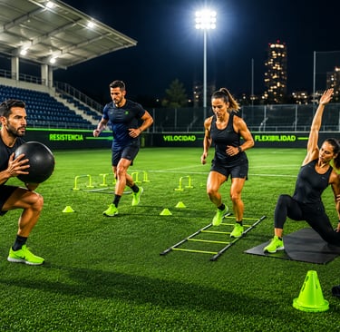 Athletes performing functional training and agility drills on an outdoor turf field at night.