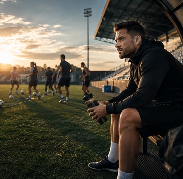 Participante observando entrenamiento grupal en cancha de fútbol.