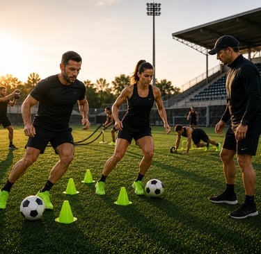 Grupo realizando entrenamiento funcional con fútbol bajo supervisión de entrenador.