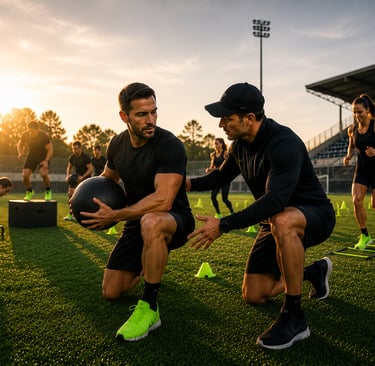 A personal trainer coaching an athlete with a medicine ball during a group outdoor fitness class at sunset.