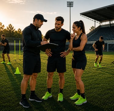 Entrenador revisando el plan de entrenamiento con dos participantes antes de iniciar la sesión.