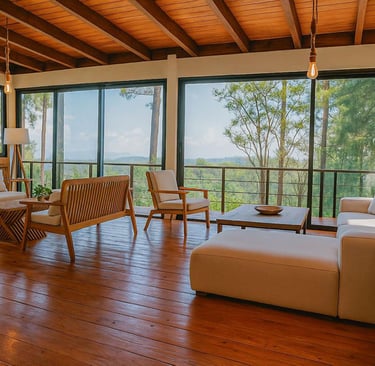Luxury villa living room in Jarabacoa forest with mountain views and natural surroundings