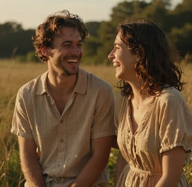 A cinematic, candid photograph of a couple laughing together in a sun-drenched meadow. The lighting is warm golden hour, highlighting textures in a soft sand-colored dress. The background features blurred green foliage and warm brown earth tones.