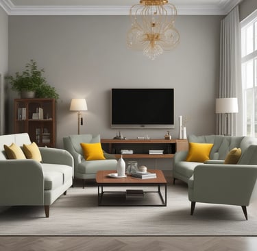 A cozy living room setup featuring traditional wooden furniture with warm lighting