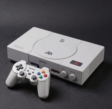 Sony PlayStation classic console in a retro neon-lit setup