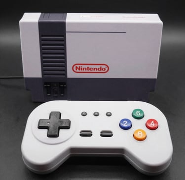 Close-up shot of a vintage Nintendo NES cartridge with neon glow highlights
