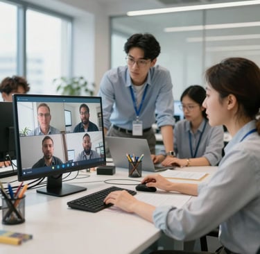 A engineering team in the modern office with remote on-line visual meeting with customer