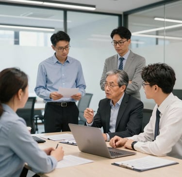 A consultant team are discussing cost-saving strategies with a client in a modern office.